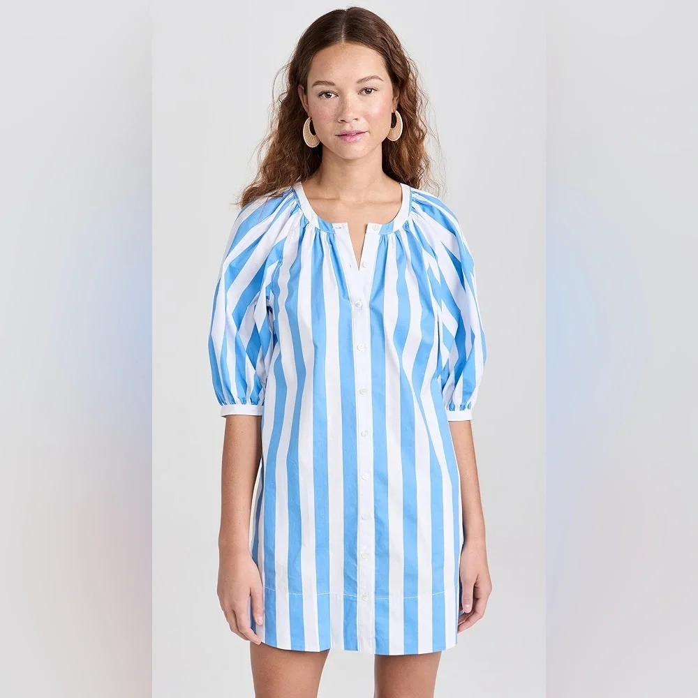 STAUD Mini Vincent Dress Blue Seashore Stripe Cotton Size XS - Picture 1 of 15